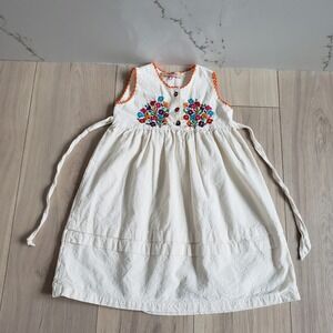 Izcalli Dress Girls 2 Cream Embroidered Floral  Boho Mexican Folk Art Summer